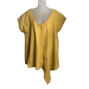 Design Today's Linen Button Up Tunic Top XL Asymmetric Lagenlook Mustard Yellow